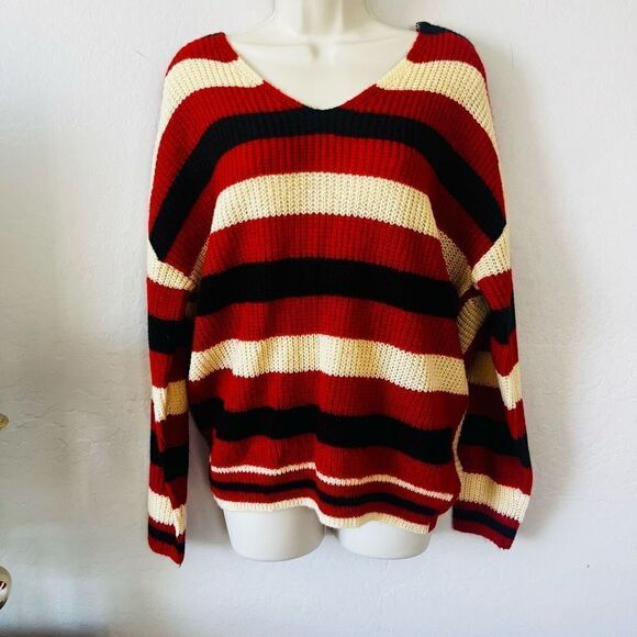 VICI NWOT sweaters fall striped Megan Twist back v neck sweater red cream black; - Picture 1 of 7